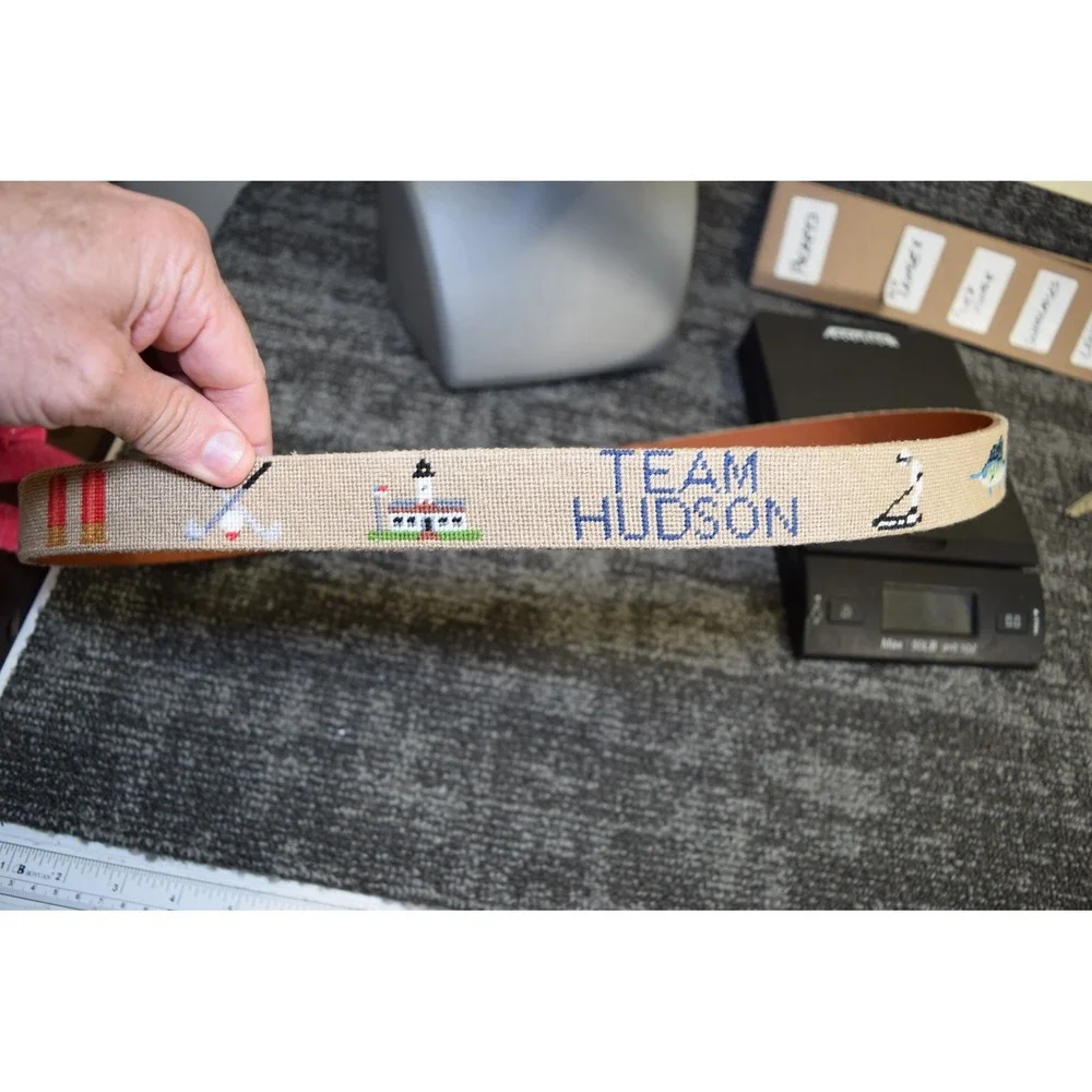 Brewster Belt Co CUSTOM Needlepoint HUDSON FAMILY Belt 40 North Carolina Fishing